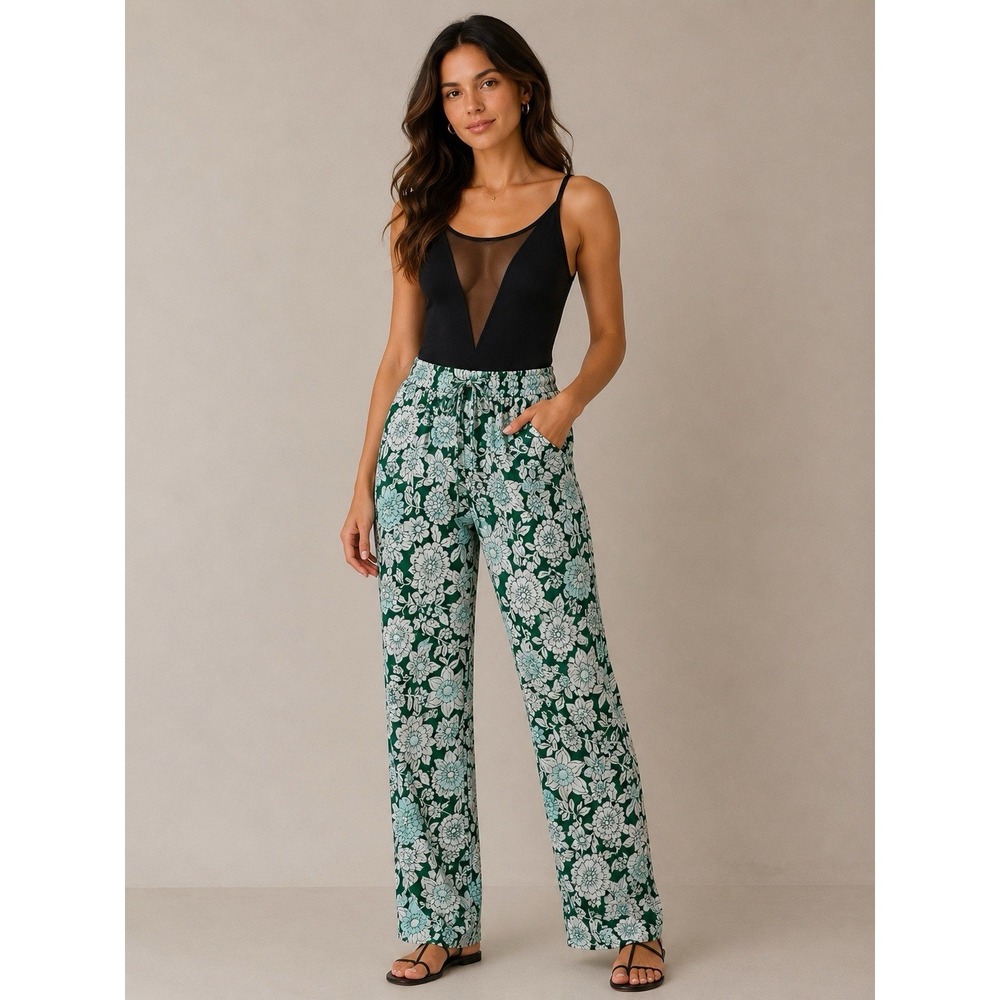 Christian Wijnants Floral‎ Silk Blend Pants Womens EU 40 Green Wide Leg
